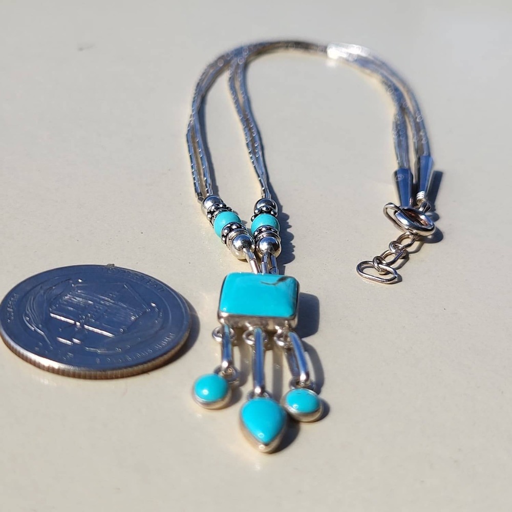 Vintage Q.T. 925 Sterling Silver Turquoise Liquid Silver Pendant Necklace - Picture 5 of 13